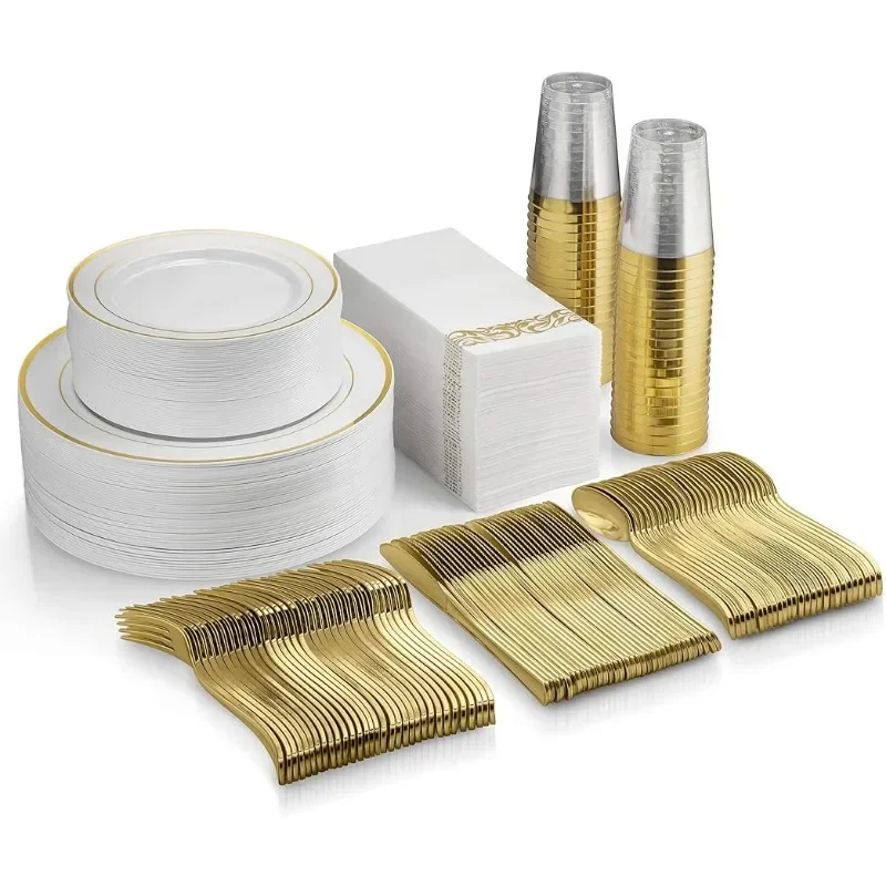 

350 Piece Gold Dinnerware Set - 50 Guest Gold Rim Plastic Plates - 50 Gold Plastic Silverware - 50 Rim Plastic