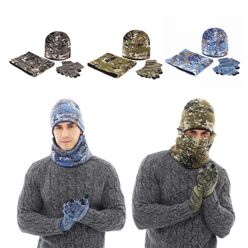 New Men Women Winter 3Pcs Camouflage Knit Beanie Hat Scarf for Touch Screen Gloves Set Thick Plush Lining Skull Neck