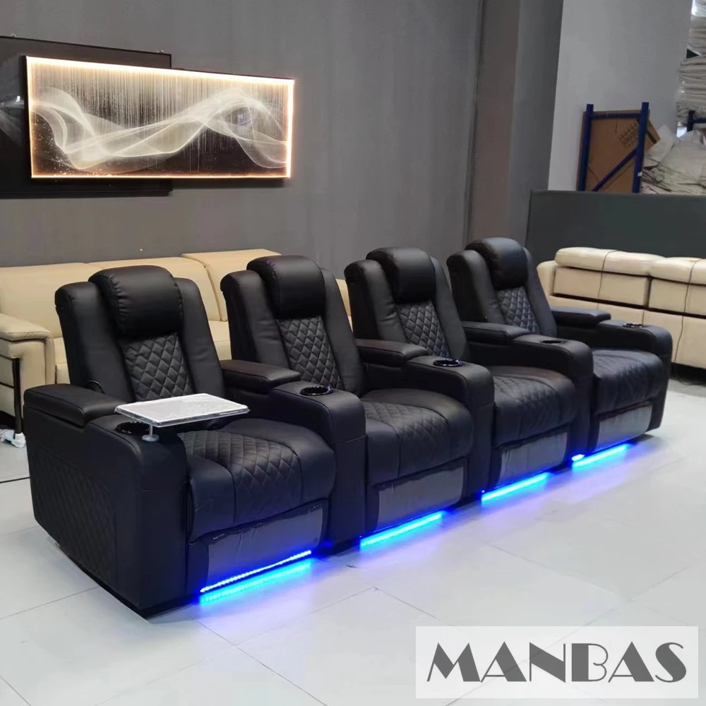 غرفة جلوس أريكة جلدية بمحركات مزدوجة من MINGDIBAO مع كرسي كهربائي وحامل أكواب للتدليك والتبريد لمقعد المسرح