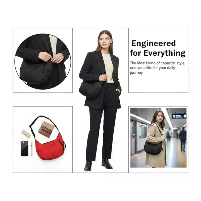 Nylon Crescent Crossbody Bag Large Capacity Adjustable Strap Wear Resistant Casual Shoulder Bag for Camping Hiking Daily Use