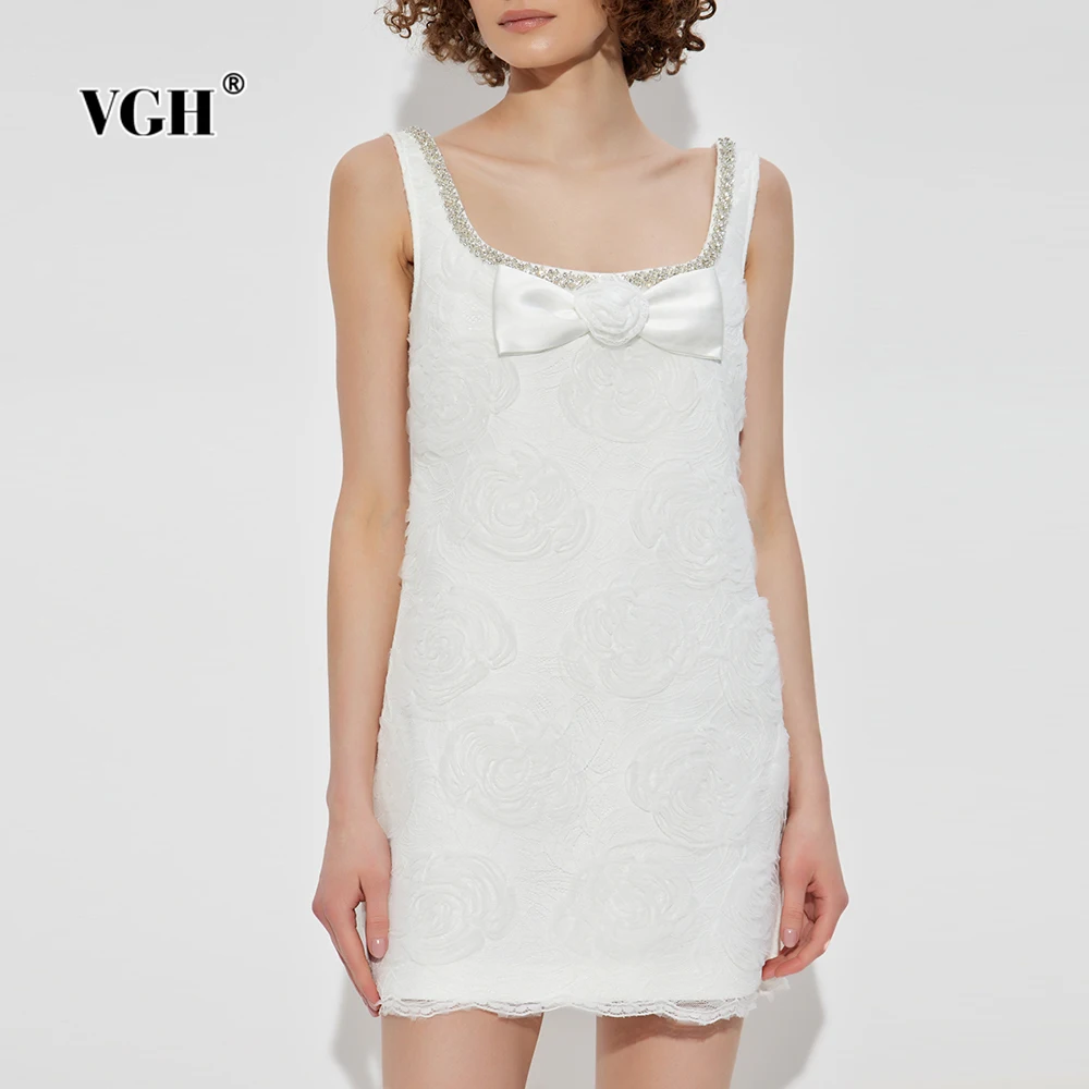

VGH Solid Spliced Bowknot Slimming Cute Dresses For Women Square Collar Sleeveless High Waist Summer Chic Dress Female Fashion