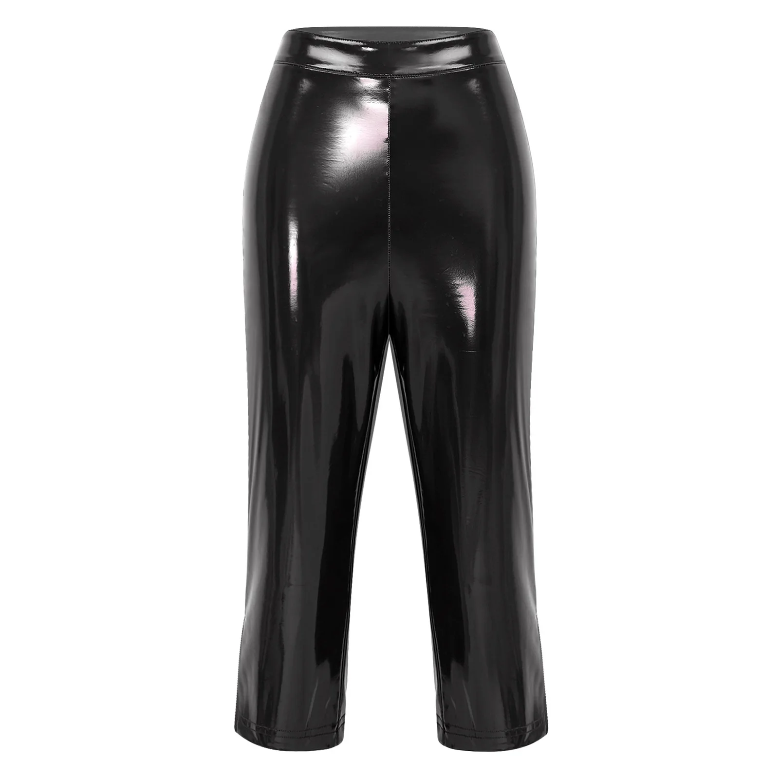 High Waist PU Leather Capri Pants for Women Glossy Split Leg Skinny Pencil Wet Look Y2K Clubwear for Night Music Festival Party
