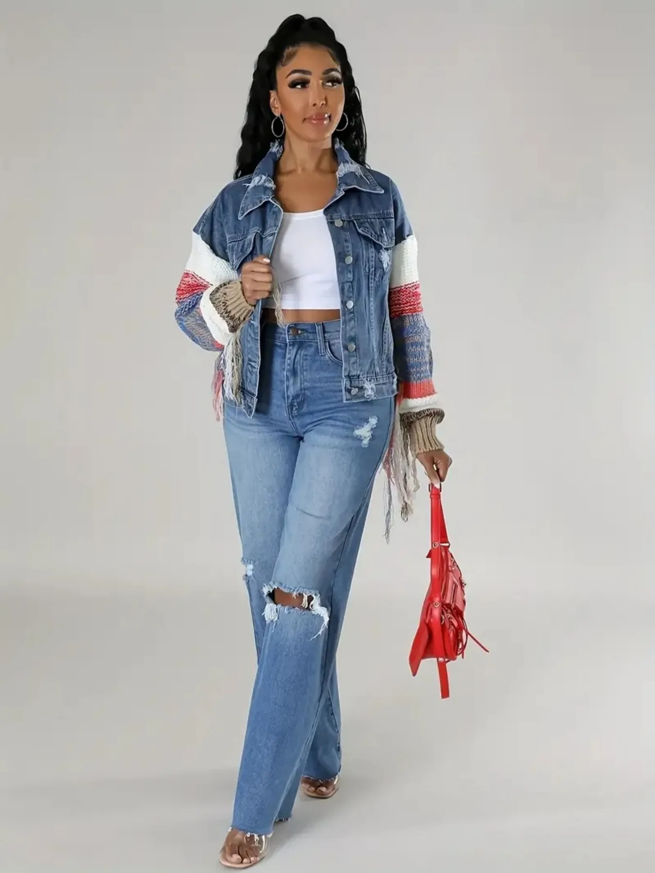 سترة نسائية كاجوال ممزقة من قماش الدنيم مع هامش، سترة خفيفة وعصرية من قماش الدنيم المرقعة