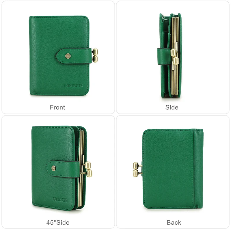 Contact'S Women Short Coin Purse Metal Frame Green Genuine Leather Wallet Credit Card Holder Fashion Small Wallets for Woman