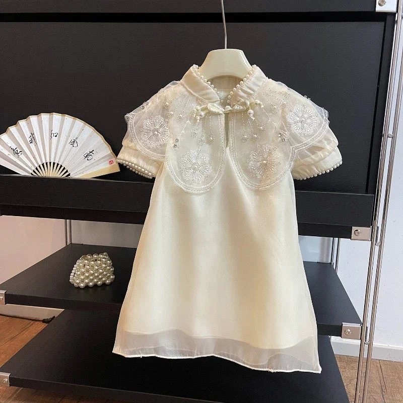 Vestido de ombro infantil, Princesa Cheongsam, Roupa de menina, Roupa de verão, Novo