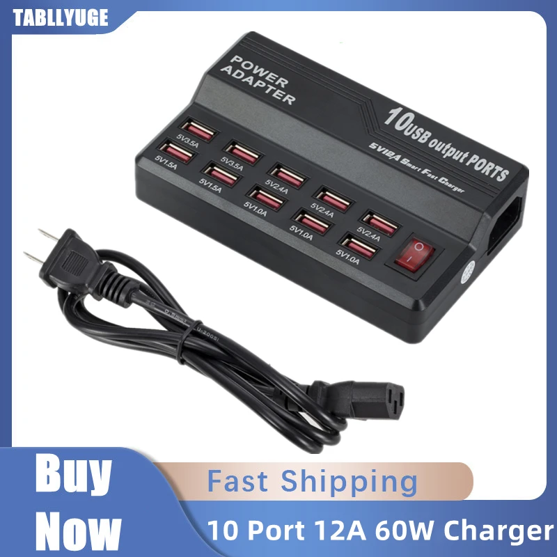 

Multi 10 Port 12A 60W Charger USB Power Quick Charge Station For iPhone 13 12 11 7 8 Plus iPad LG Samsung AC Adapter