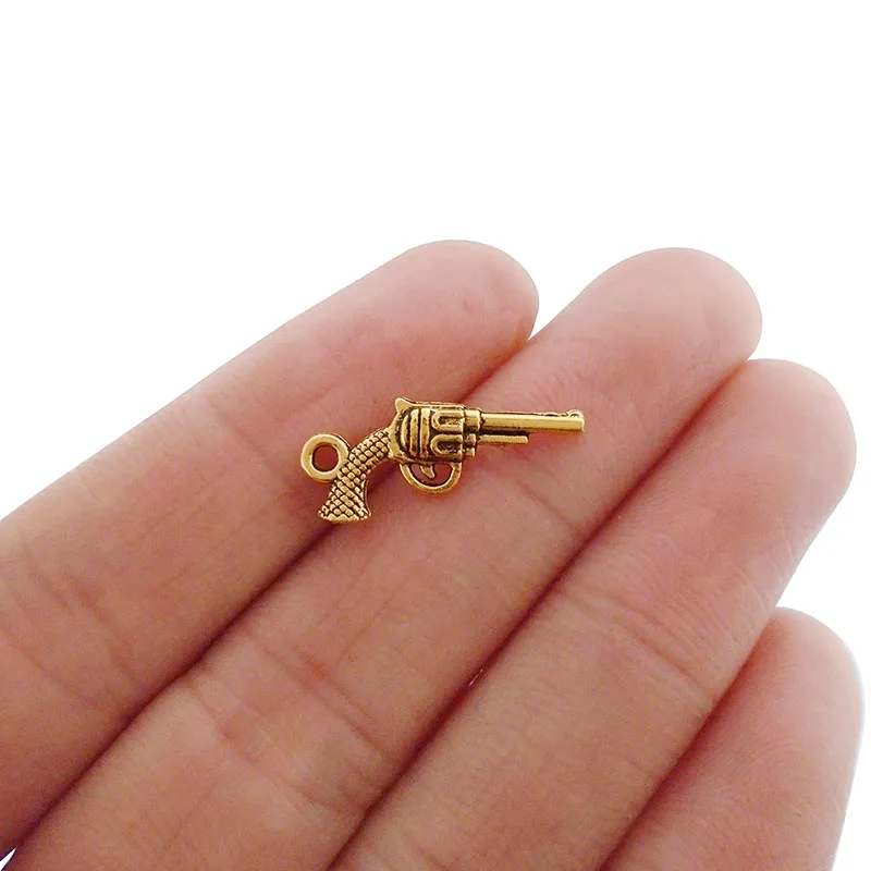 50 x Antique Gold Color Mini 3D Revolver Hand Gun Pistol Charms Pendants Beads for DIY Jewelry Making Findings Accessories