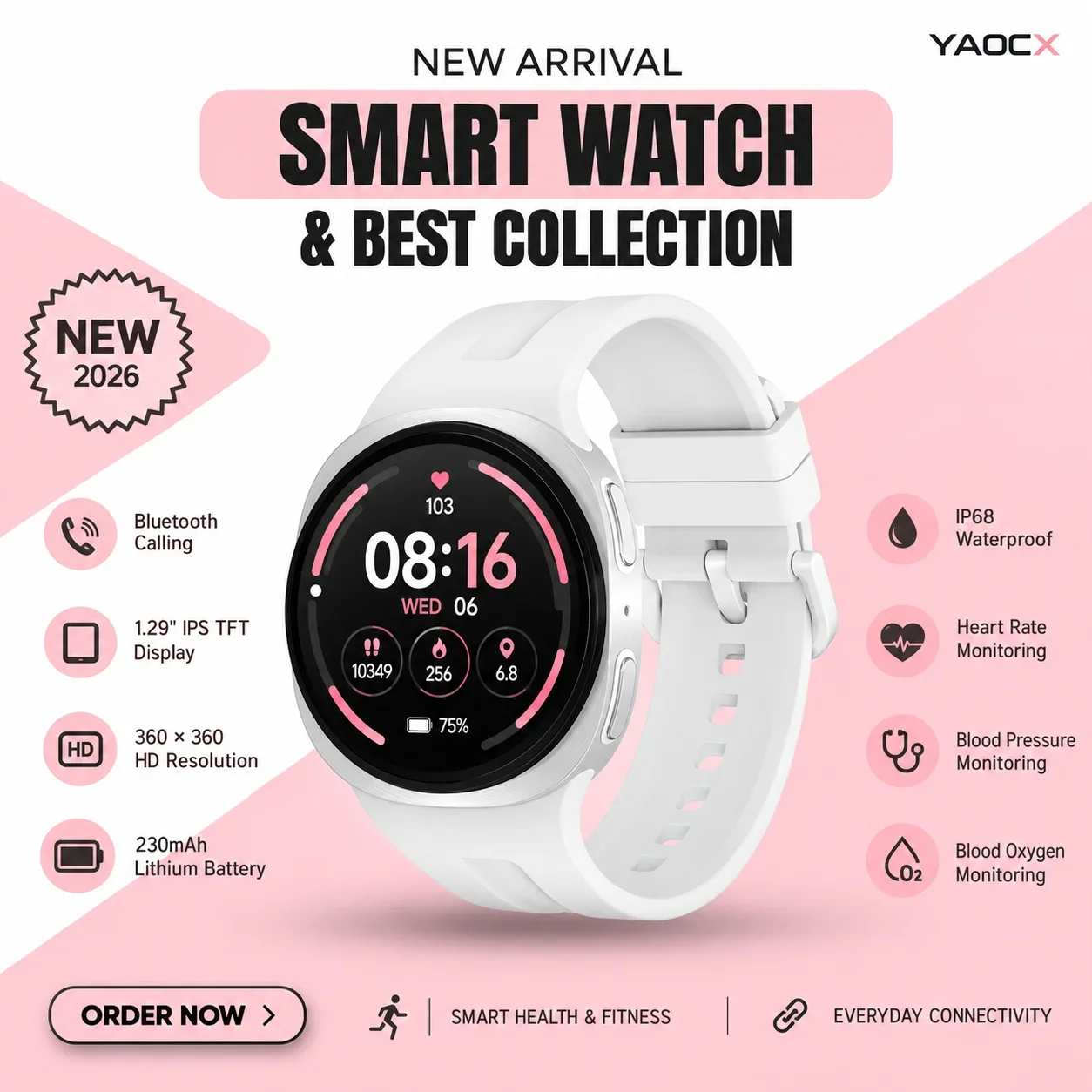 Smart Watch for Men Women Bluetooth Calling 1.29 Inch HD Display 360x360 IP68 Waterproof Fitness Tracker Heart Rate Monitor