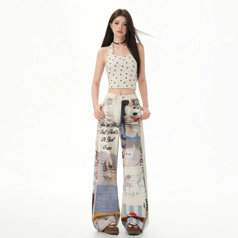 

Американские ретро-джинсы с 3D-принтом и забавным узором, свободного кроя, с широкими штанинами, для женщин