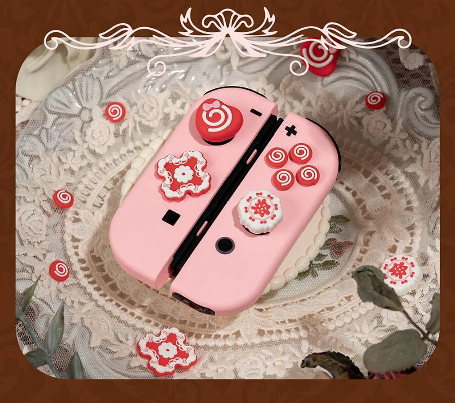 Sweet Raspberry Silicone Soft Dpad Cross Button ABXY Key Sticker Skin Case For Switch Oled NS Joy-con Thumb Stick Grip Cap Cover