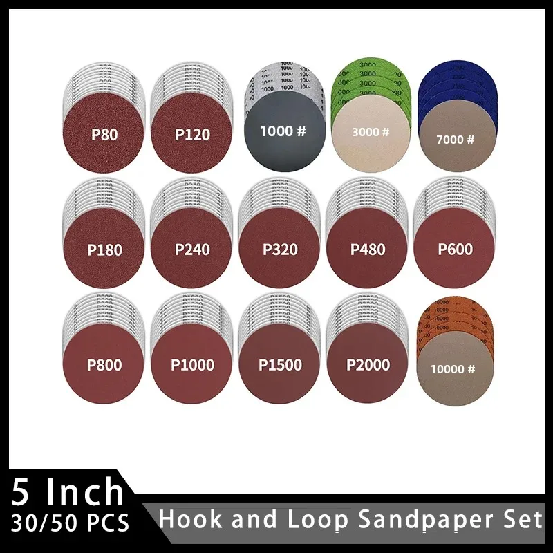 

5-дюймовая круглая наждачная бумага на липучке, 125 мм, смешанная, 30/50/100 шт., в ассортименте, 80-10000 поясов для полировки и шлифования металла автомобиля