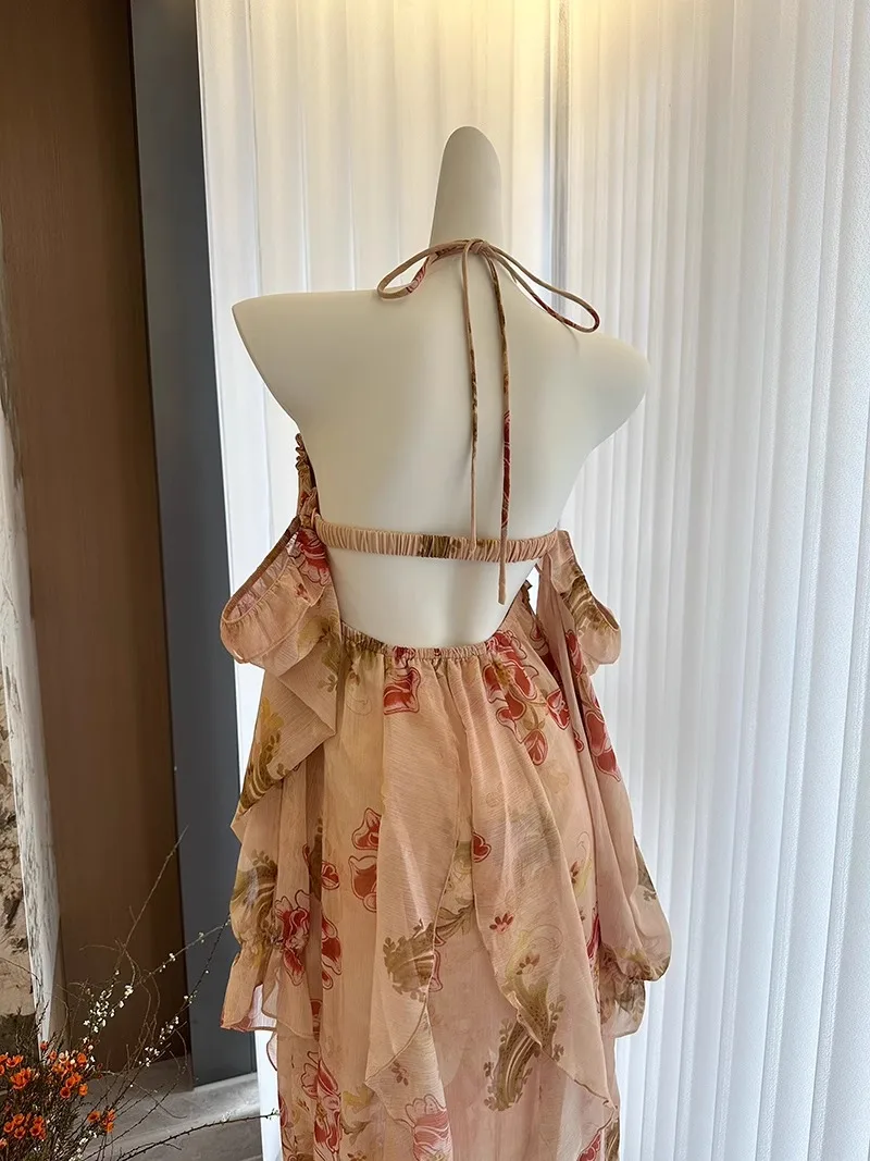 Abito da sera donna 2000S Vintage Floral Printed Ruffles scollo a V Backless Split Sexy Unique Sweet Cocktail Dresses Wedding Party