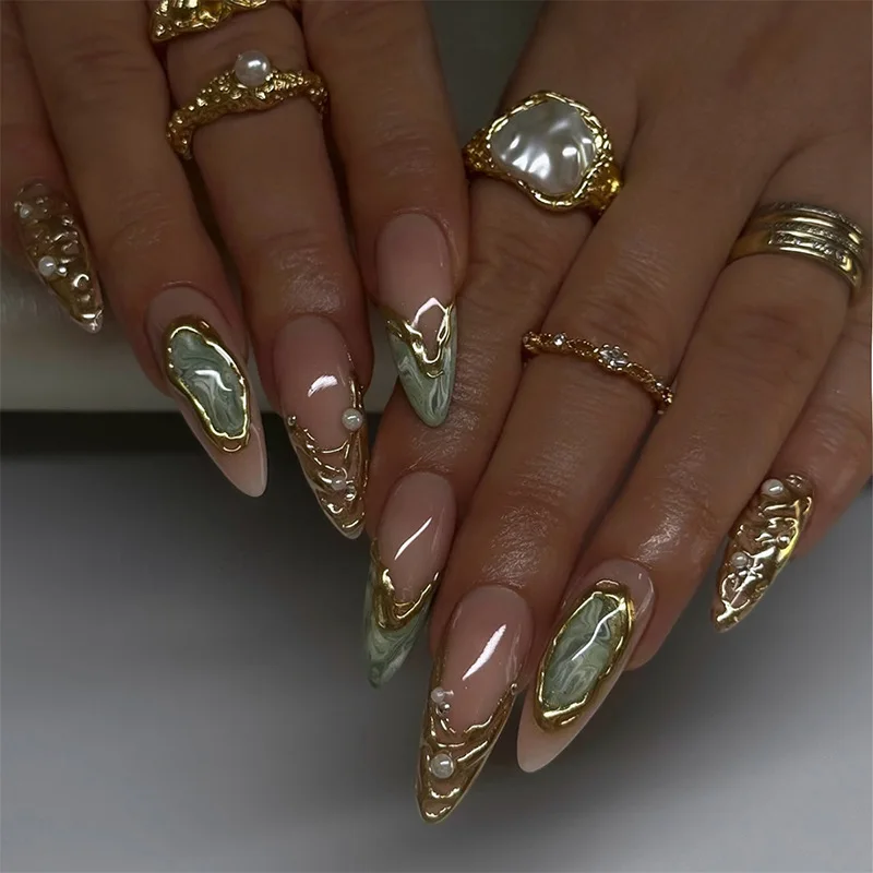 

24PCS Green Crystal Cat Eye Almond False Nails with Luxury Golden Pattens Pearl French Fake Nails for Women Detachable Press On