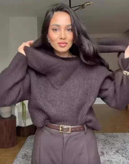 Solid Turtleneck Knit Short Pullover Women Chic Scarf Collar Full Sleeves Loose Warm Sweater 2026 Lady Daily Street Pullovers