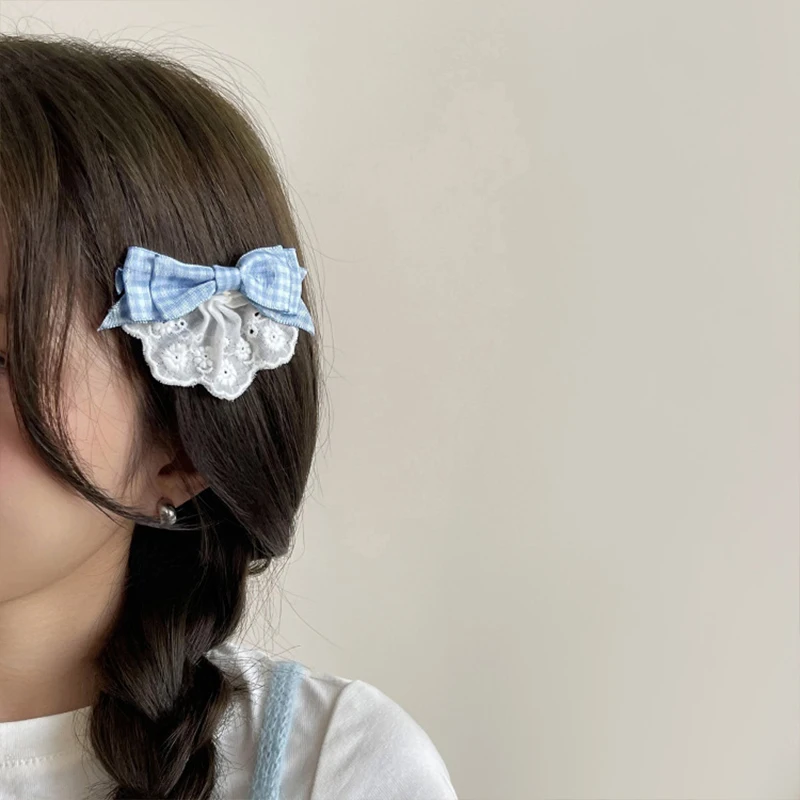 New Korean Blue Checkered Bow Hair Clip for Women Sweet Creative Lace Cloud Side Hairpin BB Clip Girl Hair Accessories