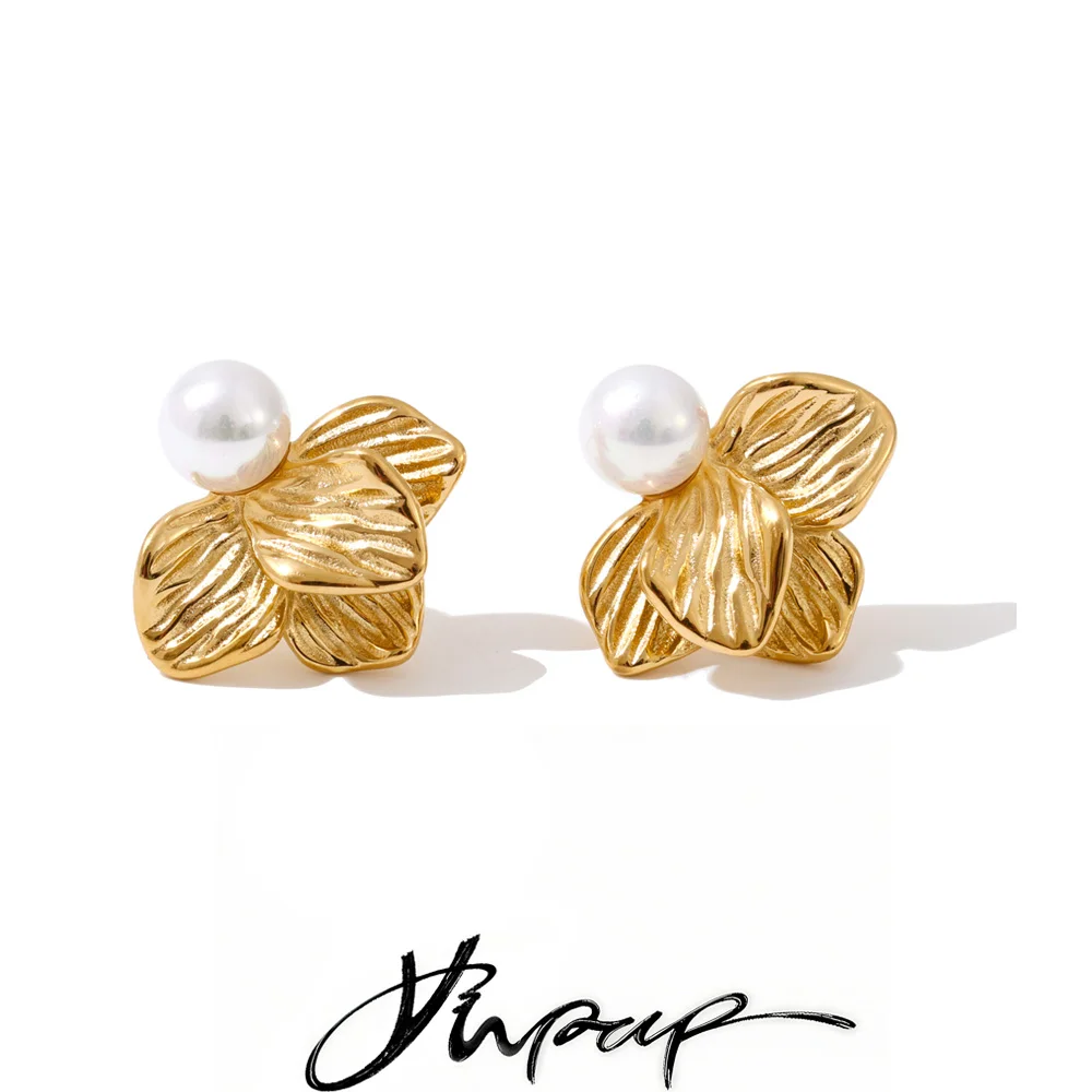 Yhpup New Arrivals Stainless Steel Simulated Pearls Flower Stud Earrings Prevent Allergy Korean Attractive Women Quality Jewelry