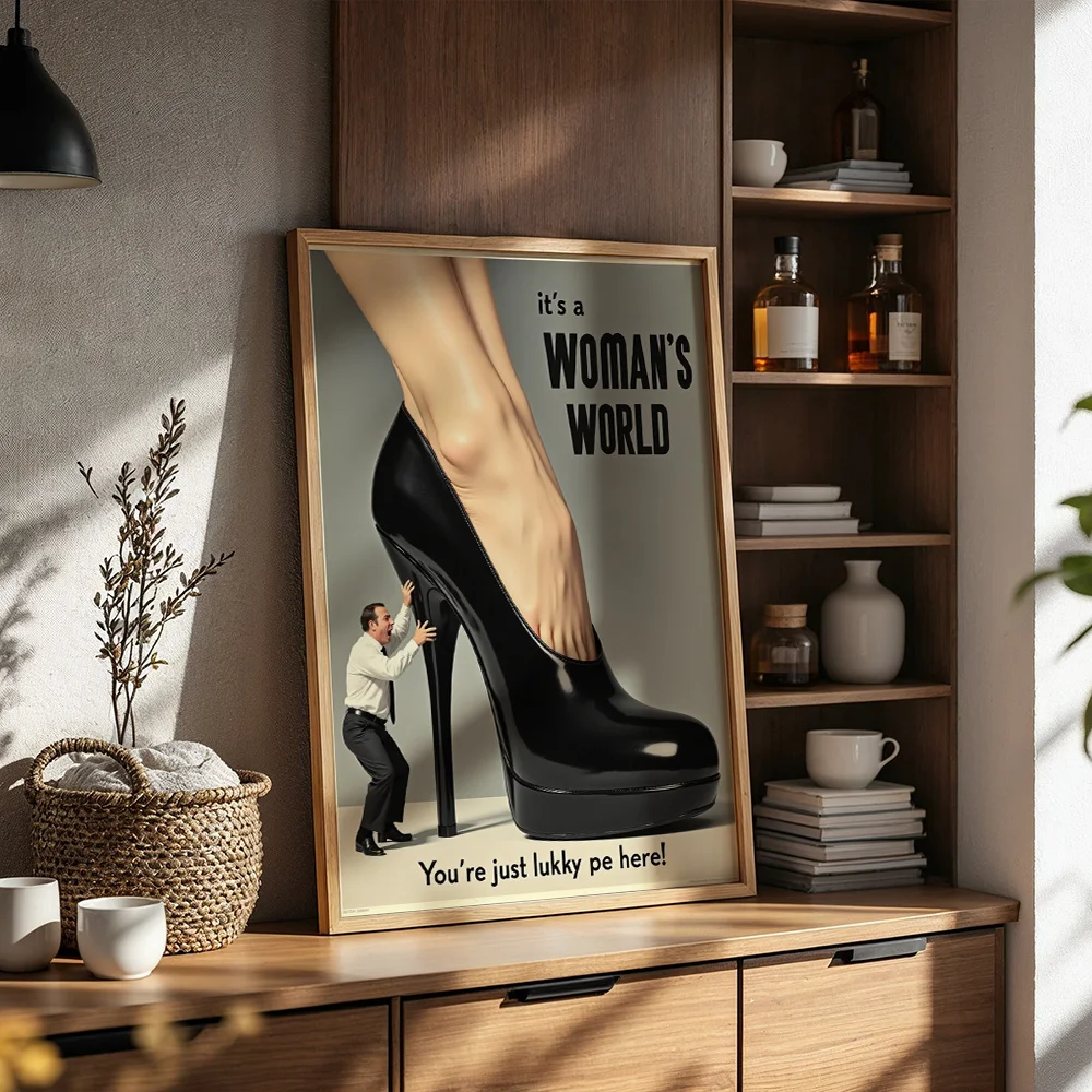 Vintage Abstract High‑Heel Shoes Text Canvas Poster Wall Art,2D Print Wall Decor,Fun Aesthetic Gift For Living Room & Bedroom