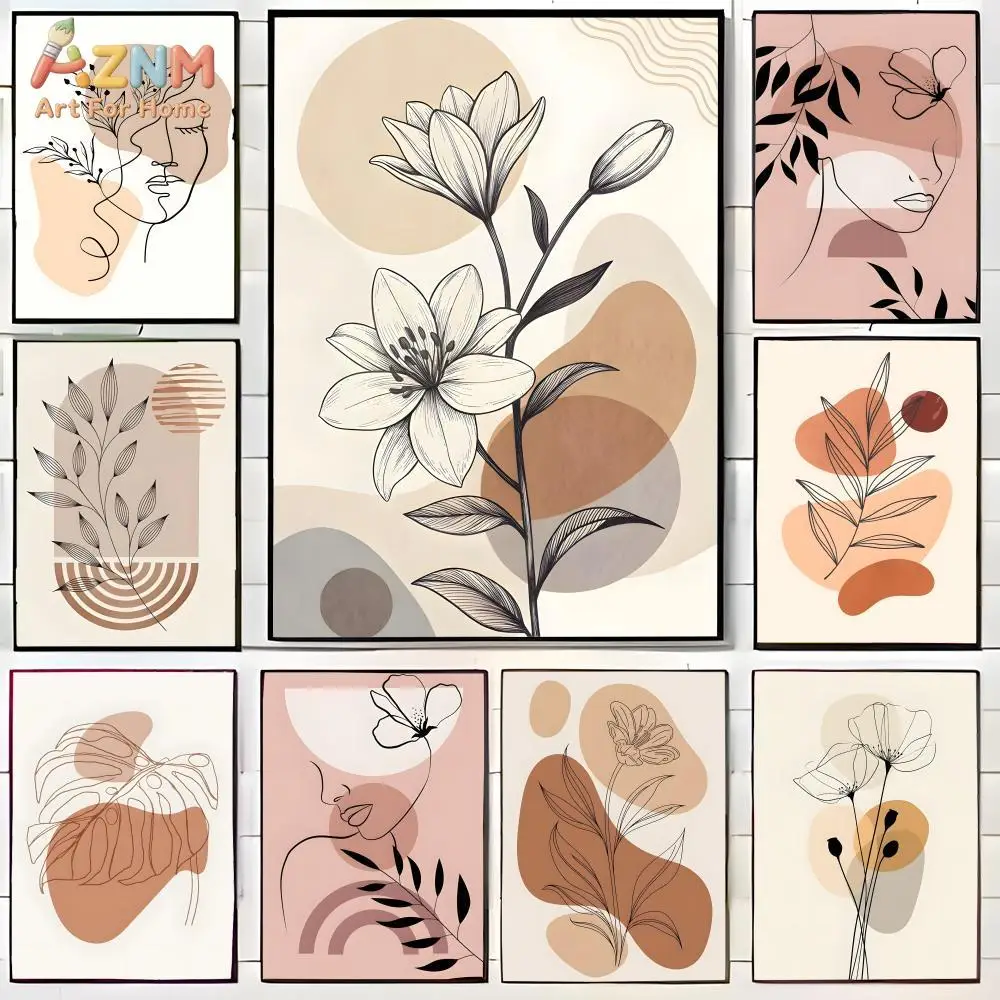 AZNM Boho Abstract Line Art Canvas Print Neutral Beige Floral Lily Woman Face Leaf Geometric Shape Minimalist Wall Poster Unfram