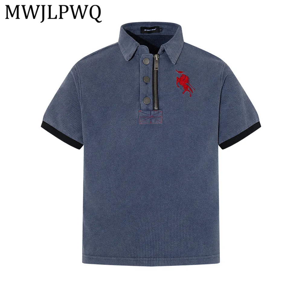 

MWJLPWQ American Retro Summer Men's Shirt Ins Street Fashion Design Half-Zip Turn-Down Collar Loose Casual Male Tops 14091