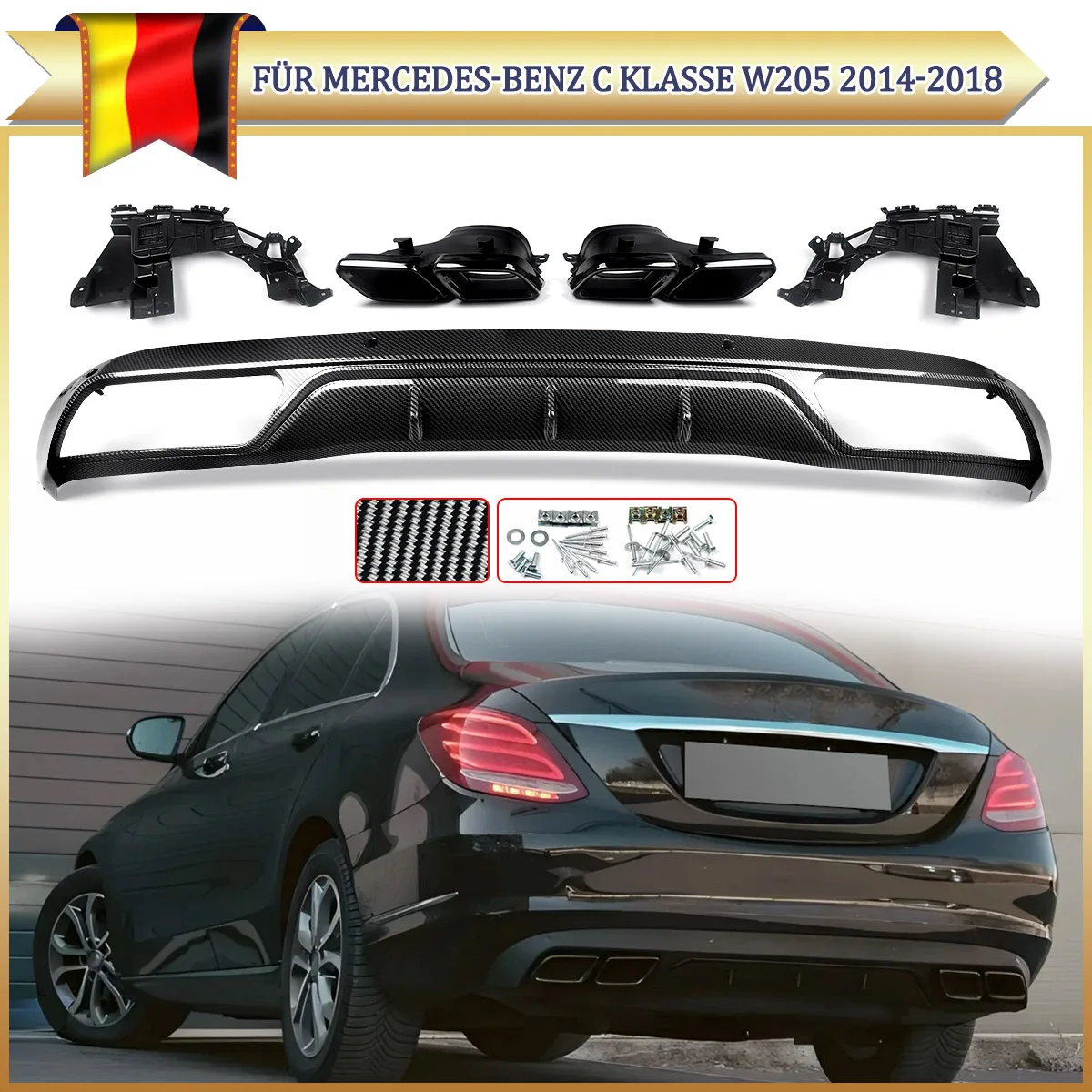 Für Mercedes Benz C-Klasse W205 Base Sedan 2015–2018 C180 C220 C300 AMG Style Heckstoßstangen-Diffusorlippe mit Auspuffspitzen Bodykit