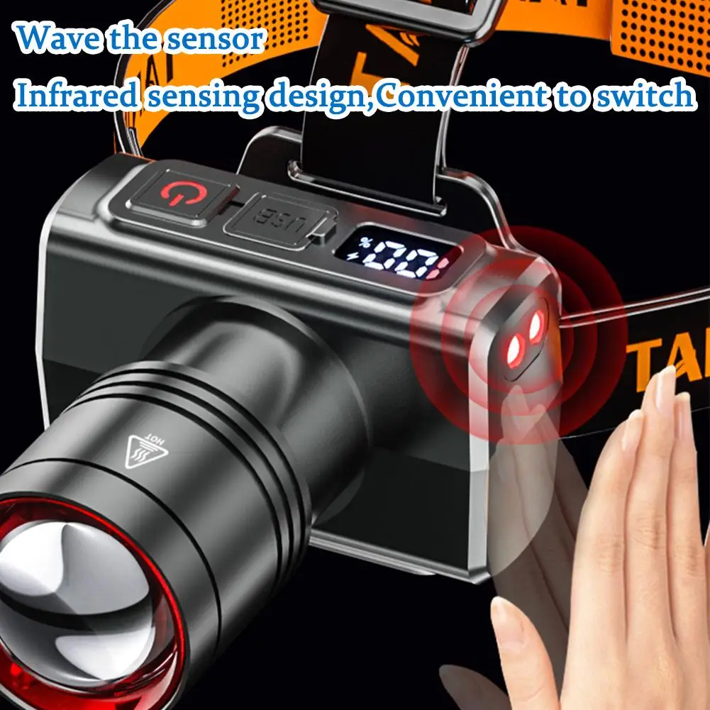 Headlamp Rechargeable White Laser Zoom Motion Sensor Headlight Super Bright Fishing Camping Front Flashlight