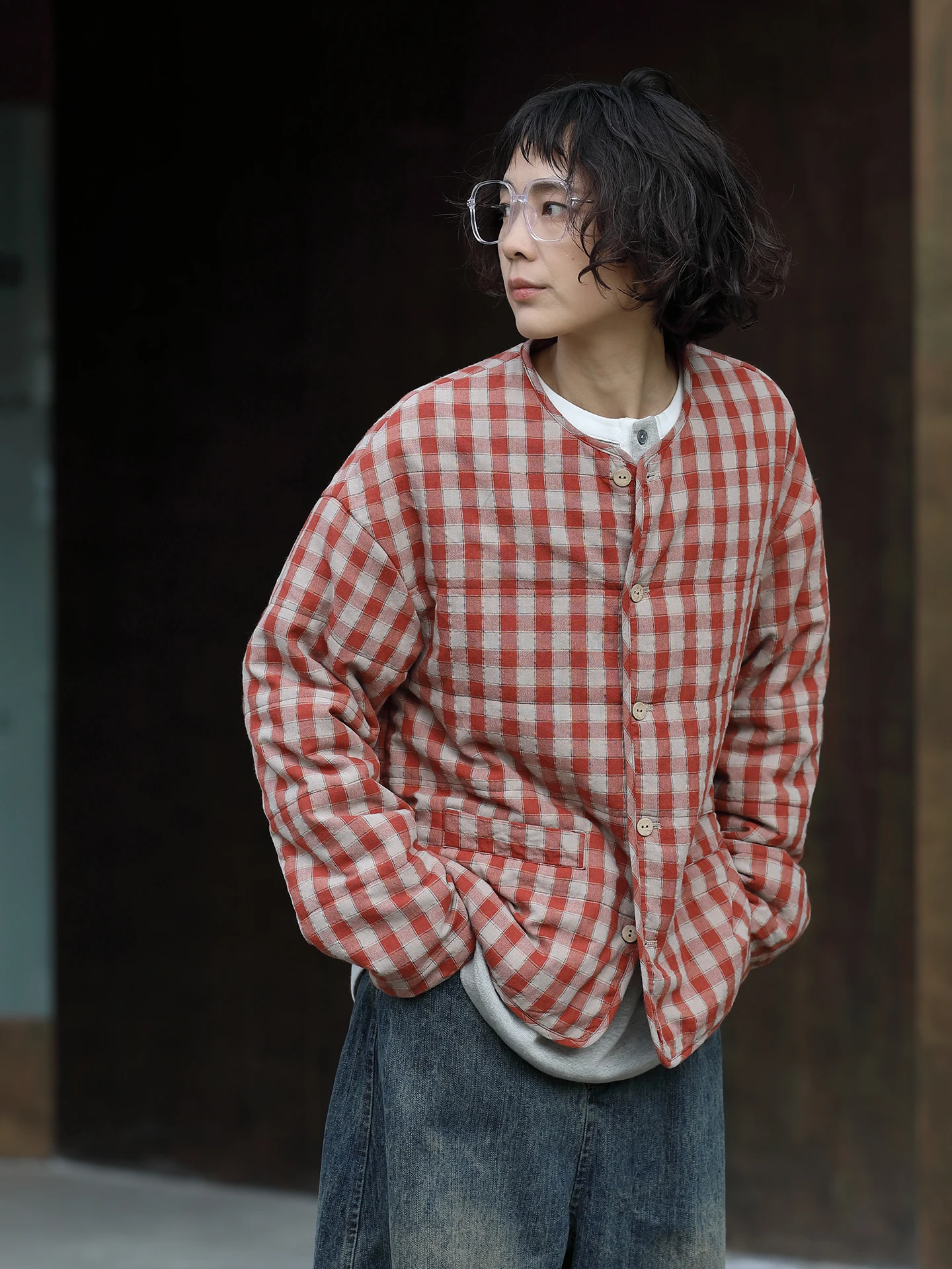 

Pure Cotton Soft Light Weight round Ne Micro Loose Fit Cotton Inner Orange Warm Tones Small Plaid Casual Commute Sle