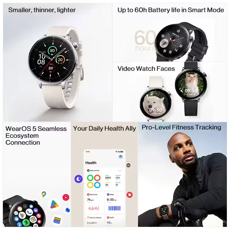 Versión global OnePlus Watch 3 Smartwatch de 43 mm Pantalla AMOLED de 1,32 pulgadas Hasta 60 horas de duración de la batería Wear OS by Google GPS NFC 7