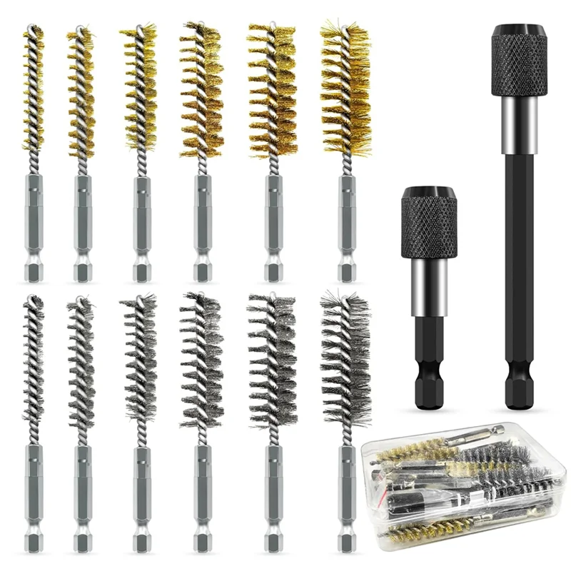 

14-Piece Bore Brush Set For Power Drill, Impact Driver, Grinder-1/4" Hex Shank& Extension Bar(8/10/12/15/17/19 Mm)