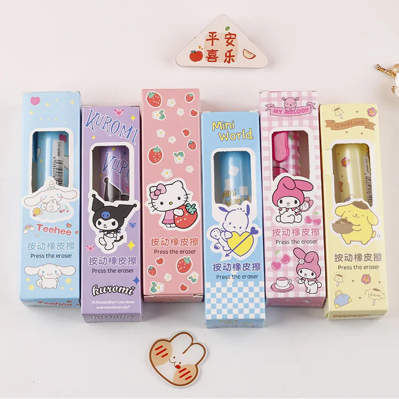 24pcs/lot Sanrio Kawaii Kuromi Melody Press Eraser Cute Pochacco Writing Drawing Pencil Erasers Stationery Gifts School Supplies