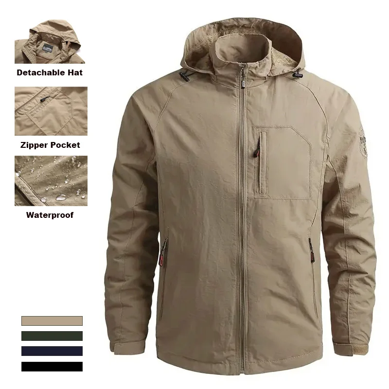 

Men's Spring Autumn Bomber Jacket Outdoor Solid Color Hoodie Waterproof Climbing Camping Slim Fit Zipper Windproof Outwear