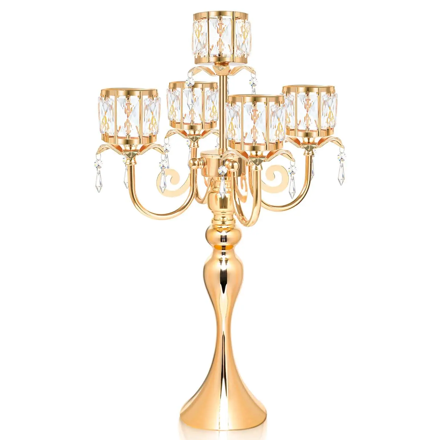 5 Arms Gold Candle Holder,Crystal Candelabra Centerpiece with Crystal Drops for Dinner Party Anniversary Celebration and Wedding