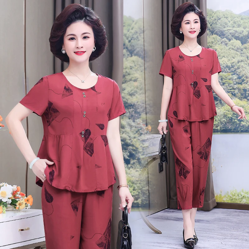 Plus Size 2-Piece Set for Women Slubcotton O-Neck Outfit for Elderly Casual Suit