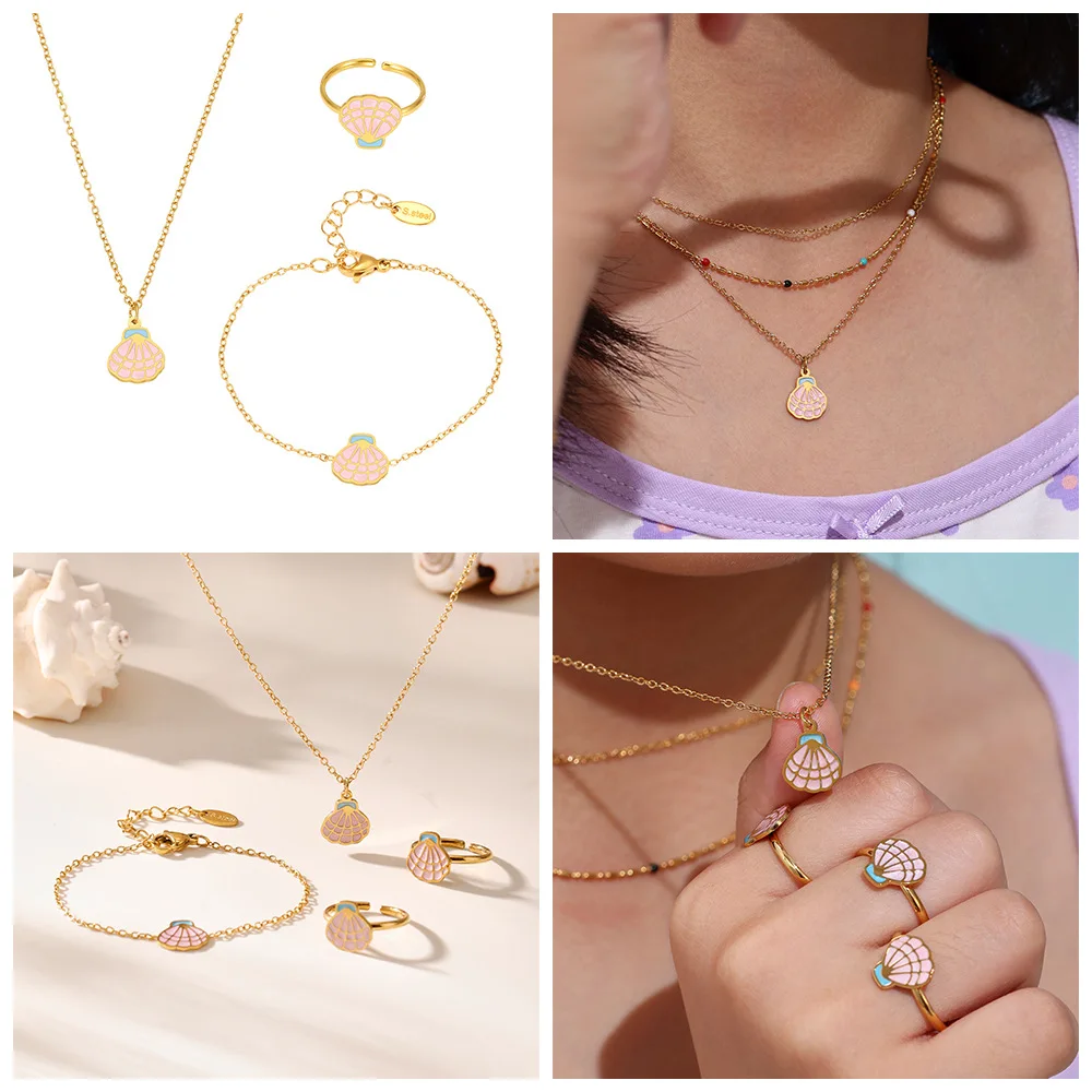 

Party Princess Stainless Steel Pink Gold Shell Tutu Skirt Four-piece Set Hypoallergenic Adjustable Chain Birthday Gift Jewelry