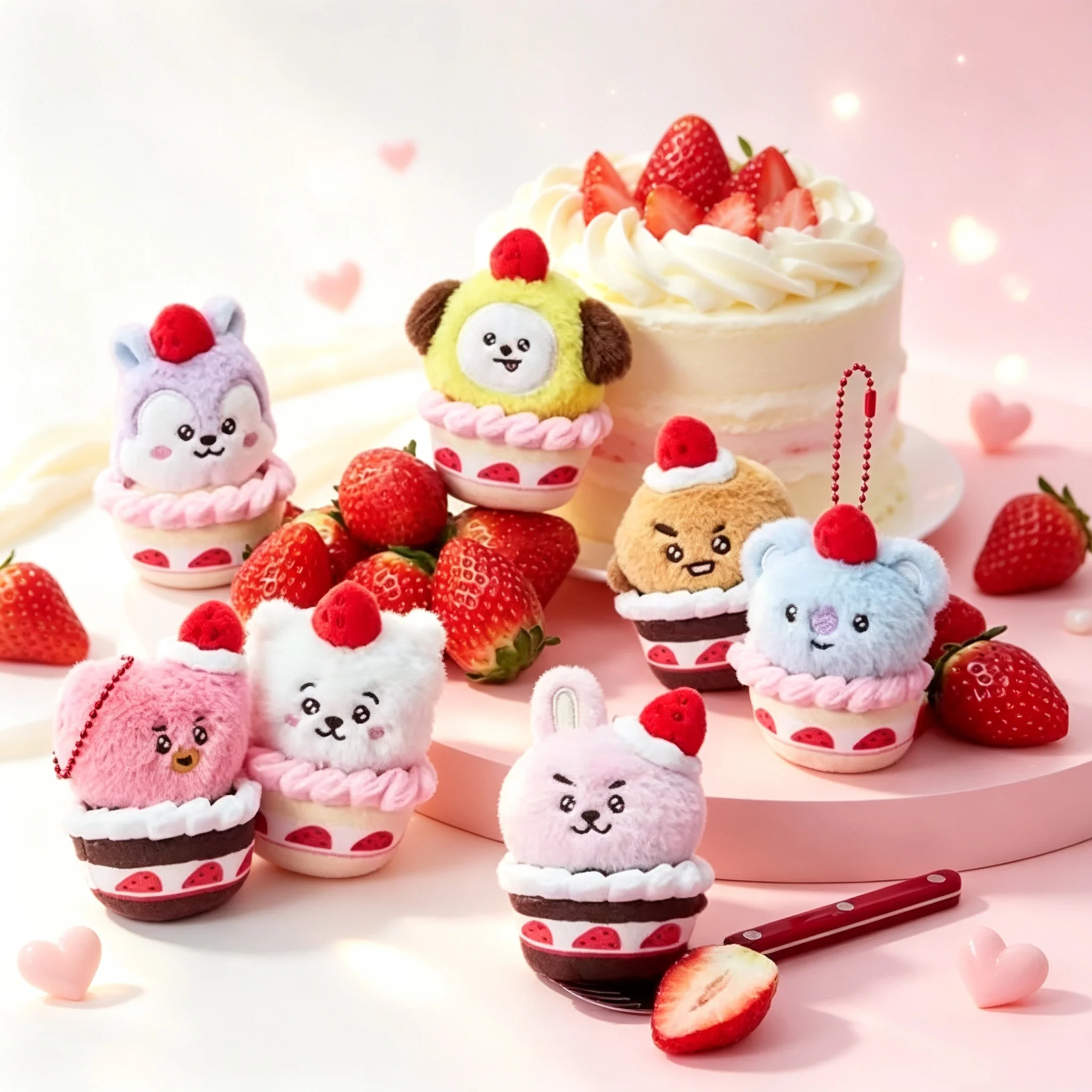  BT21 Strawberry Cake Animal Plush Keychain Cute Dessert‑Style Bag Pendant Kawaii Collectible Decor Fan Birthday Chrismas Gifts