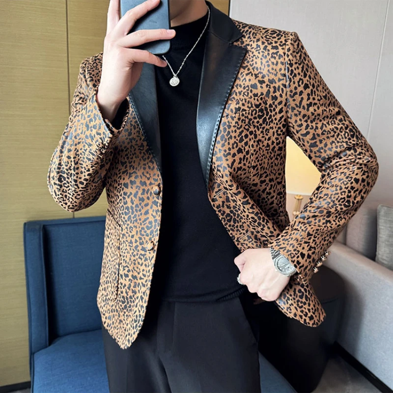 British Style Leopard Print Suit Jacket for Men Fashion Slim Fit Blazer Masculino Casual Business Wedding Social Dress Coats