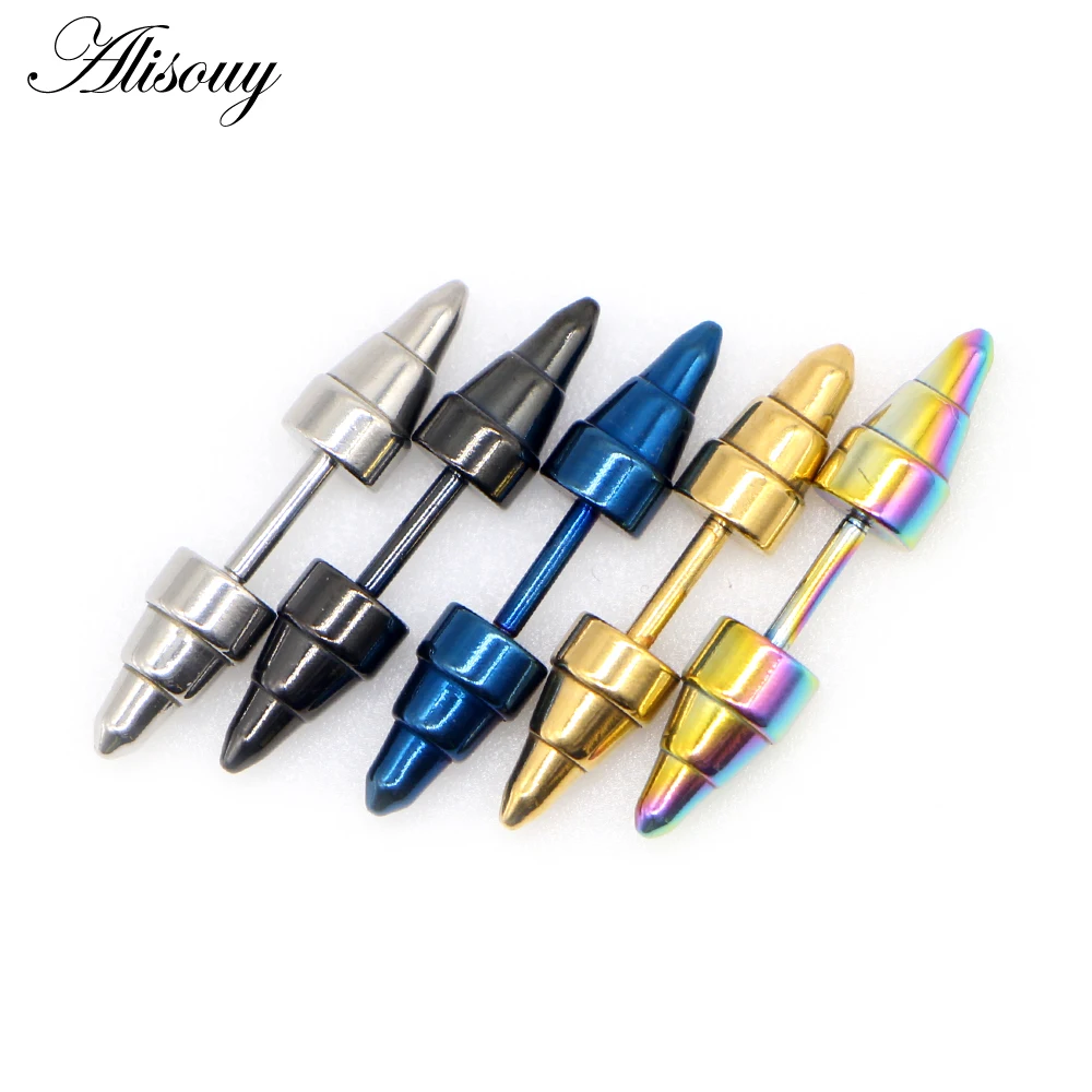 Alisouy 2pcs Punk Rock screw thread Rivet Spike Tip Cone Stainless Steel Women Men Unisex ear Stud Earring Piercing Body Jewelry