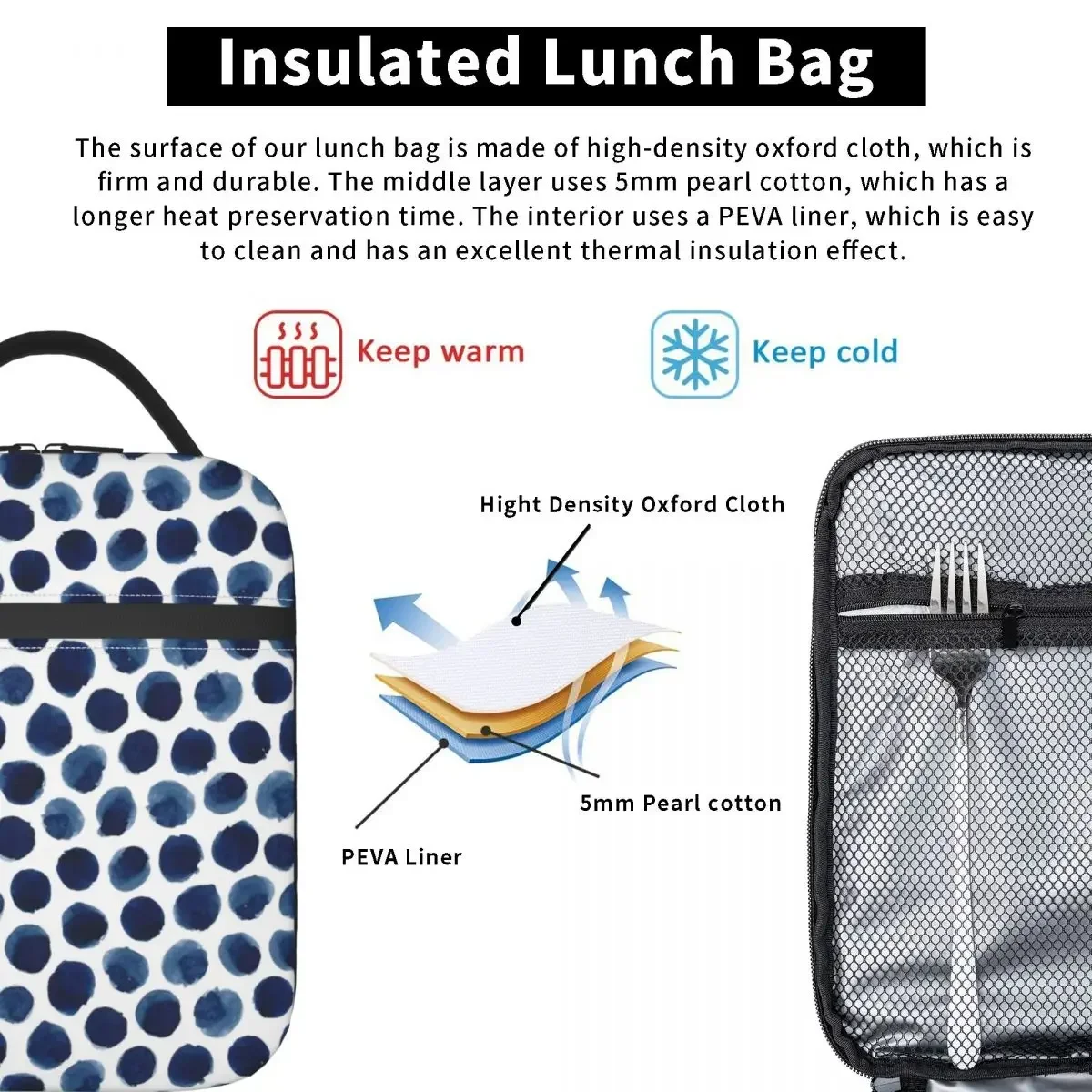 Grande IndigoBlue Aquarela Polka Dot Isolado Lunch Bag, Recipiente de Refeição, Tote Portátil, Caixa de Escritório para Homens e Mulheres