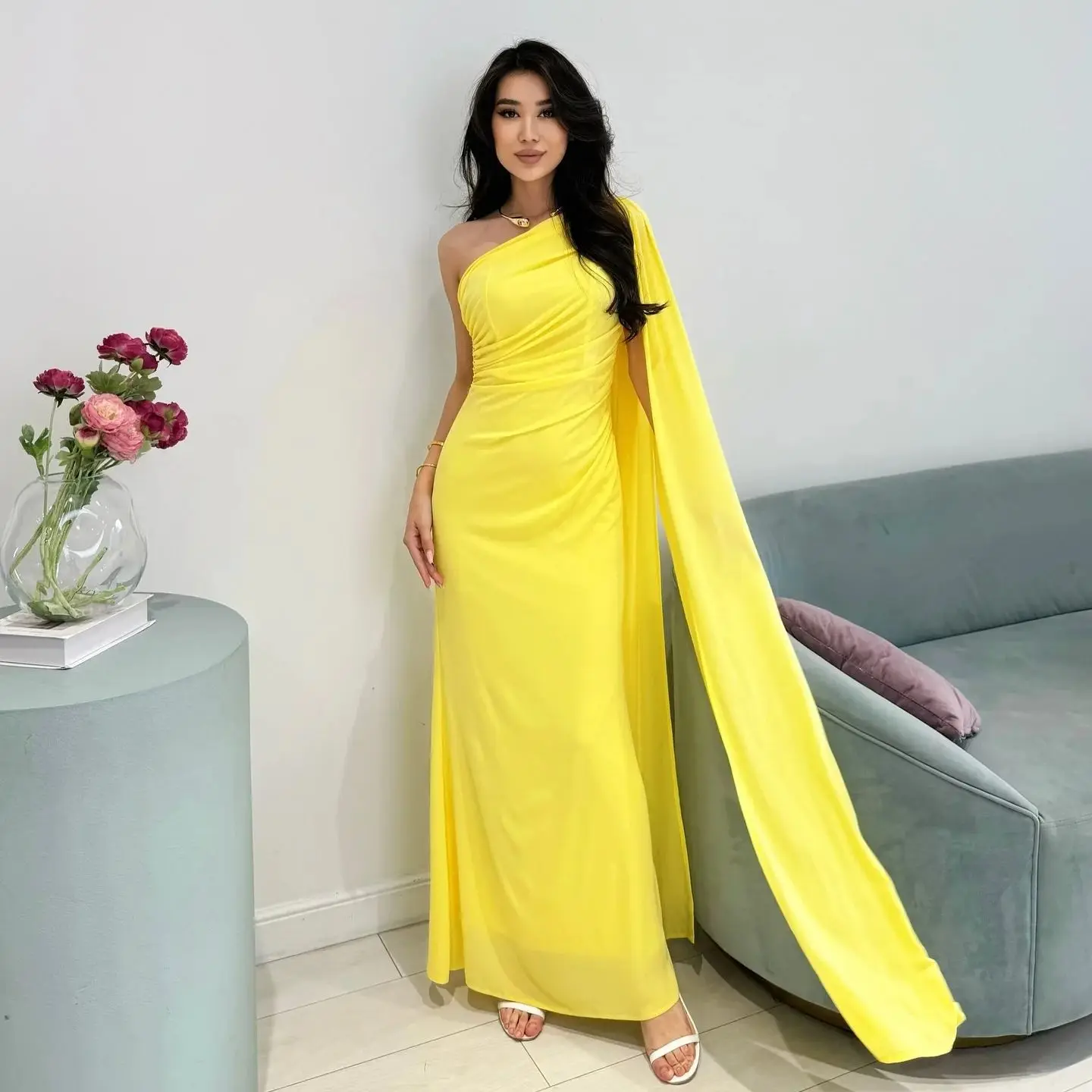 Jirocum-vestido de fiesta amarillo para mujer, vestido de noche de fiesta con volantes y un hombro, largo hasta el suelo, sirena, vestidos para ocasiones especiales personalizados