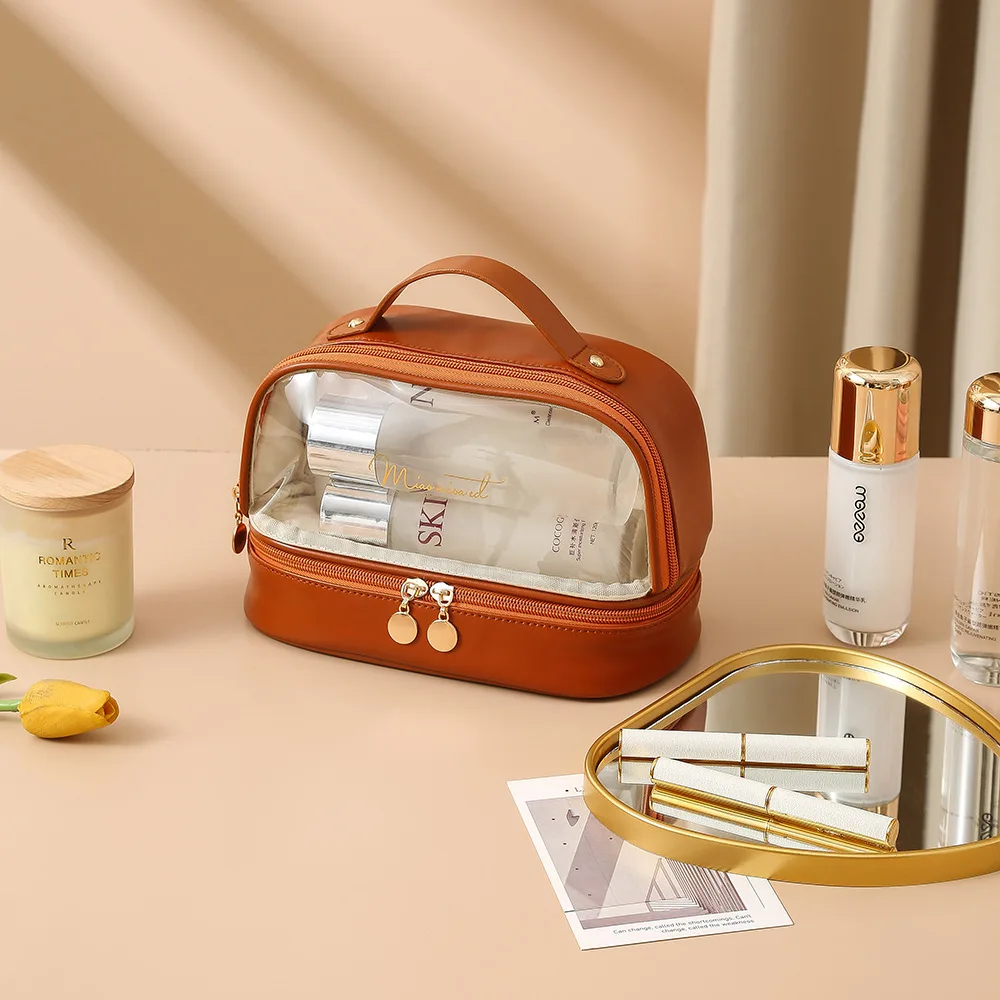 Lantern Makeup Bag with Large Capacity Instagram Style Portable Travel Storage Bag PU Double Layer Handheld Wash Bag