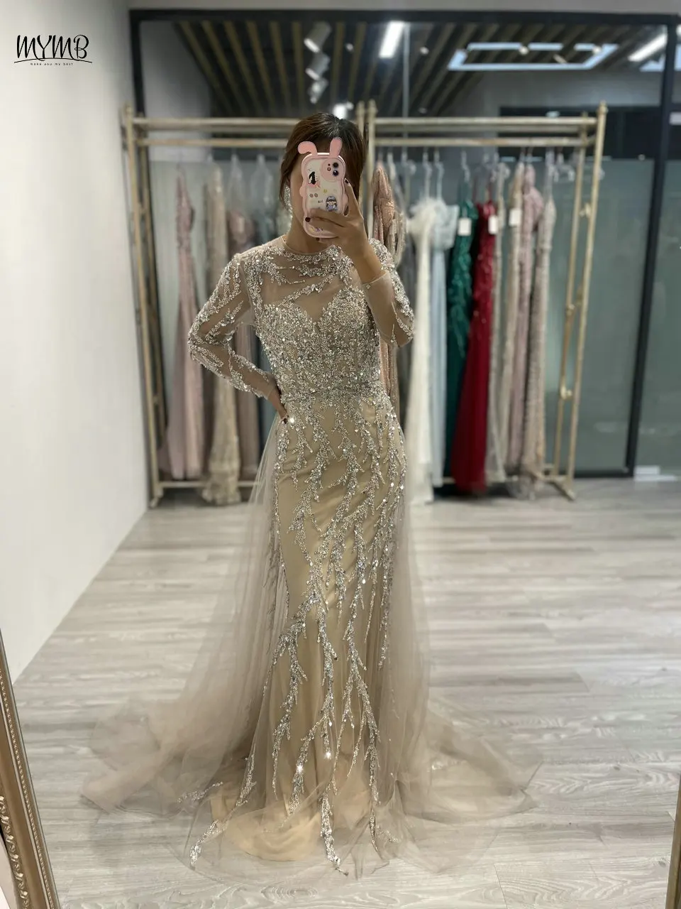 MYMB Champagne Elegant Scoop Neck Mermaid Formal Occasion Dresses Muslim Stunning Beaded Long Sleeve Tulle Evening Gown DDS067-2