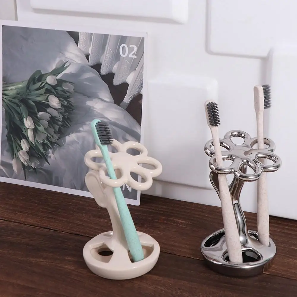 

Flower Shaped Ceramic Toothbrush Holder Space Saving 6 Slots Tooth Brush Storage Racks Water-proof Stable Toothbrush Bracket