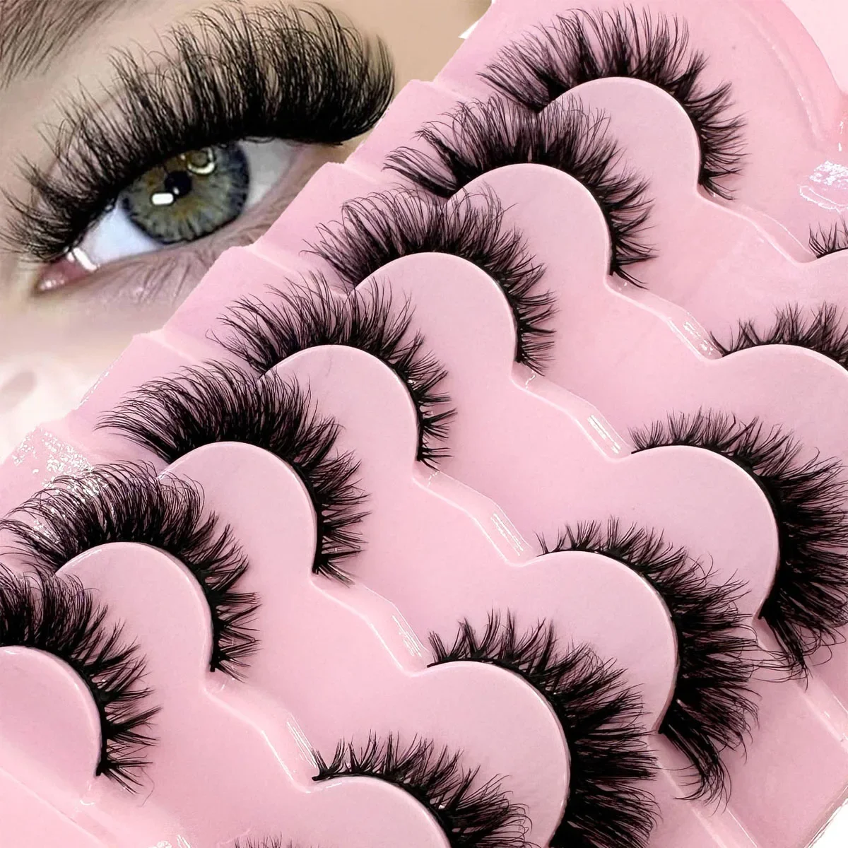 HBZGTLA 7 pairs Natural False Lashes D Curl Russian Lashes 3D Mink Eyelashes Reusable Fluffy Russian Strip Lashes eyelashes ext