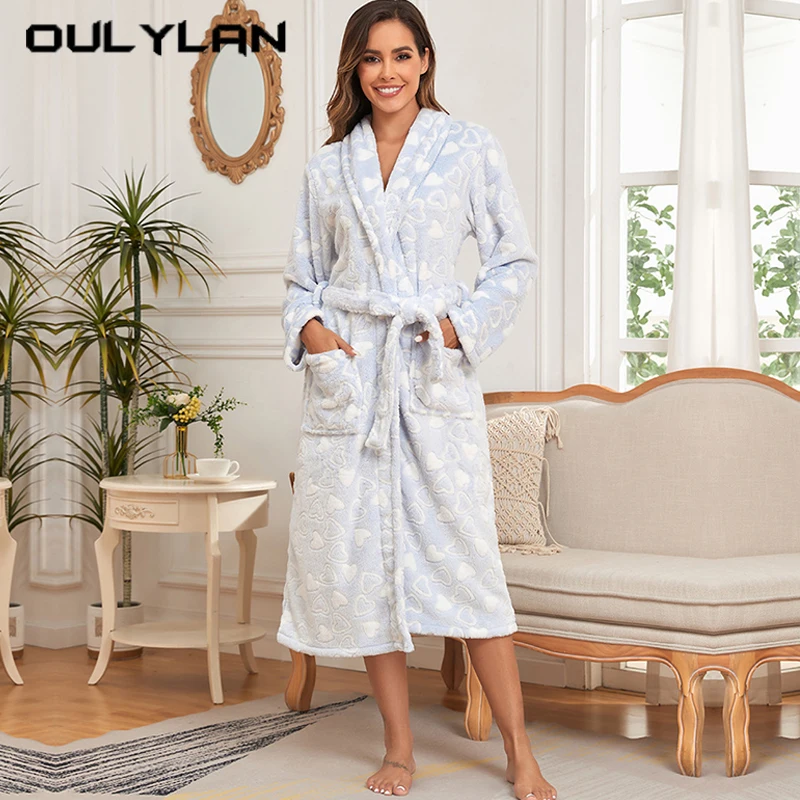 Oulylan Womens Love Print Bathrobe Ladies Fleece Plush Long Robes Winter Fleece Warm Lapel Nightgown Women Sleepwear With Pocket