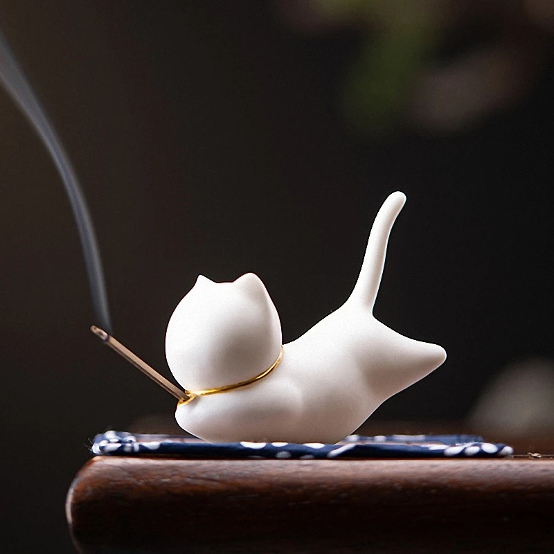 

PINNY Ceramics Cute Cat Statue Incense Burner Creative Stick Censer Tea Ceremony Ornaments Home Decoration Accessories