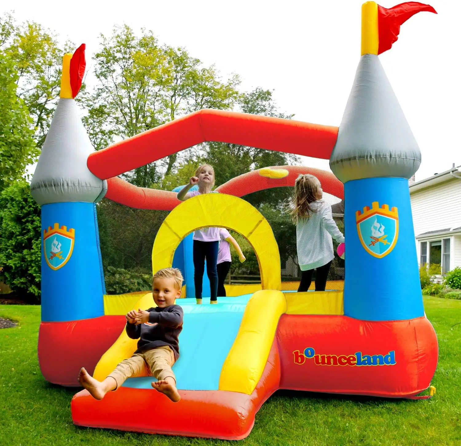 Bounce House Castle with Basketball Hoop Inflatable Bouncer, Fun Slide, Safe Entrance Opening, UL Certified Strong Blower Includ