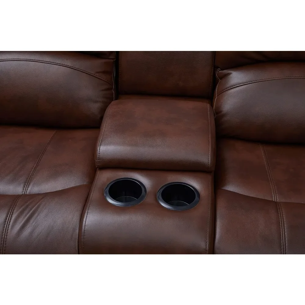 recliner，Bonded Leather Sectional in Multiple Colors, Sectional with 3 Reclining Seats, Console (Brown, Left Console Sectional)