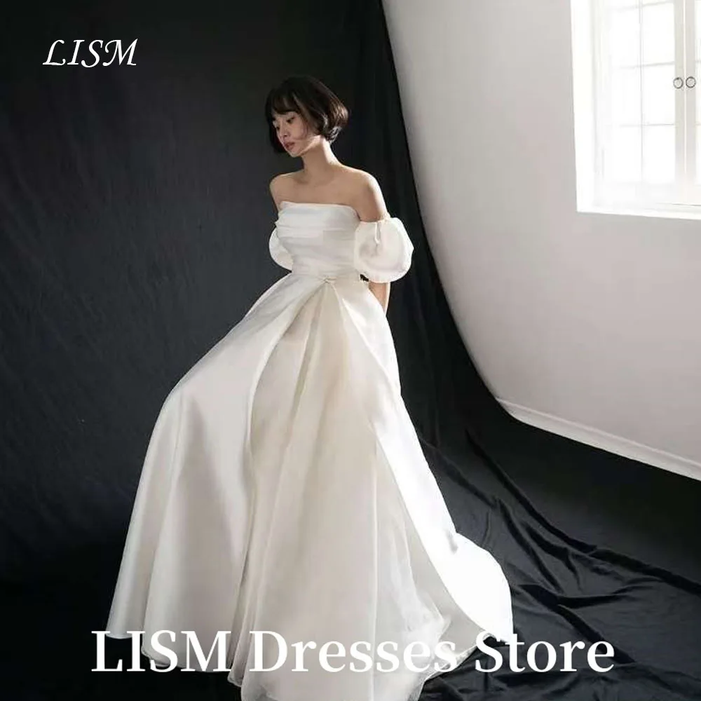 

LISM Strapless A-Line Korea Wedding Dresses Photo Shoot One Line Collar Satin Floor Length Bridal Gowns웨딩드레스Customized Corsets