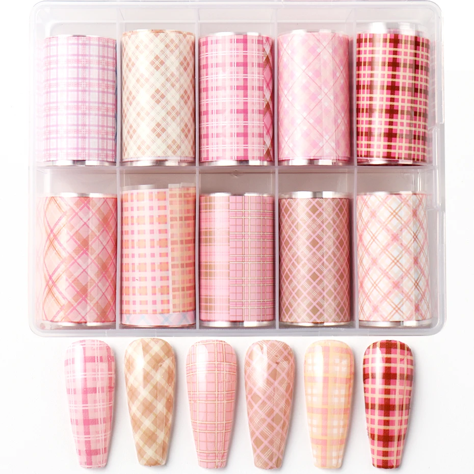 10 pz/scatola Carino Rosa Plaid Unghie Artistiche Lamina di Trasferimento Adesivi Per Unghie Striscia Geometrica Pellicola Lamine Per Unghie Decorazioni Accessori Per Manicure