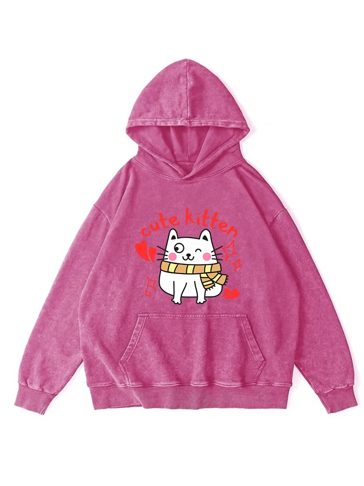 

Cute Kitten Cartoon Kawaii Printing Distressed Washed Cotton Hoodie Women Autumn Loose Warm Casual Hooded Simple Crewneck Tops