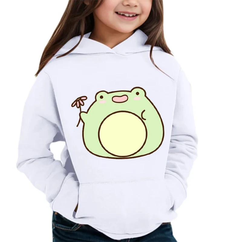 3-14 Years Old Children's Frog Holding Flower Hoodie Kids Cartoon Style Clothing Long Sleeve Pullover Animal Boy Girl Sweatshirt